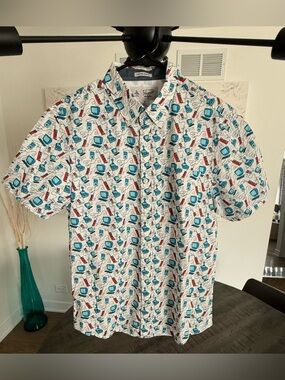 Original Penguin White Short-Sleeve Shirt with Teal and Red Retro Tech Print